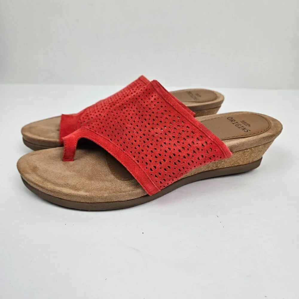 Earth Origins Pico Pearl Spicy Red Perforated Suede Toe Loop Low Wedge Sandal - Picture 7 of 13